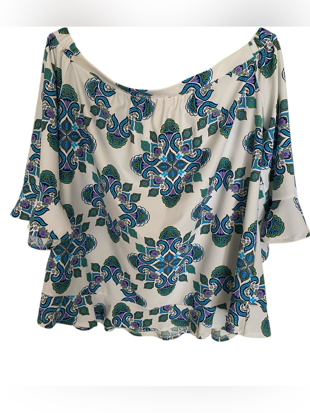 Jude Connally Demi Off the Shoulder  Blouse Women's Size XL White Geometric